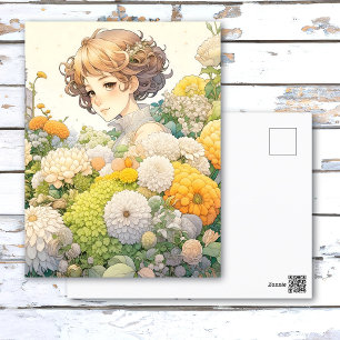 Anime Girl in Gelben Blumen Personalisiert Geburts Postkarte