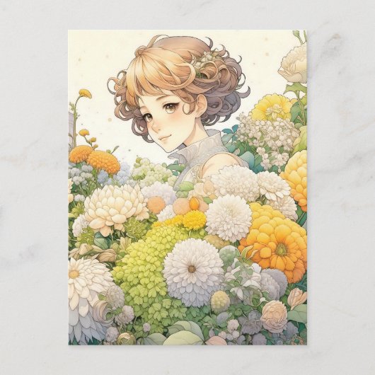 Anime Girl in Gelben Blumen Personalisiert Geburts Postkarte (Vorderseite)