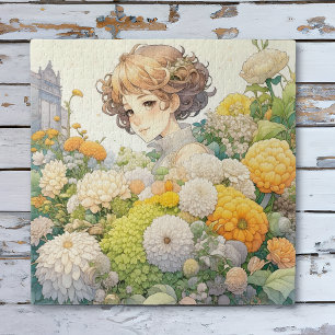 Anime Girl in Gelben Blumen Puzzle