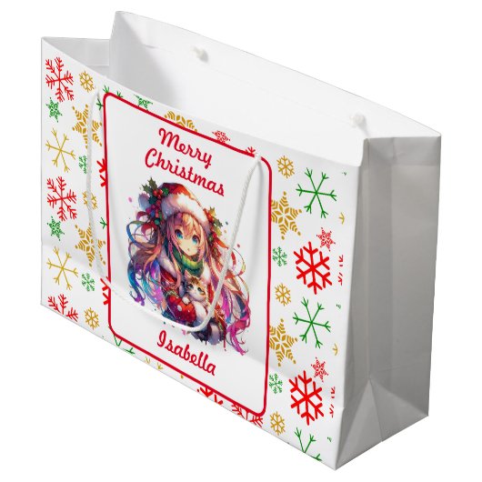 Anime Girl in Weihnachtsmannmütze Wasserfarben Wei Große Geschenktüte (Vorderseite Schrägansicht)