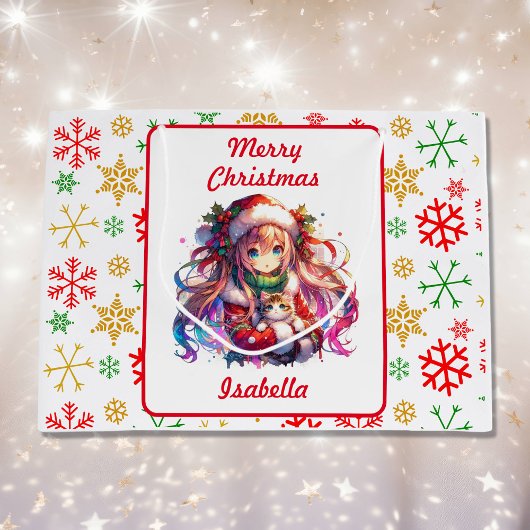 Anime Girl in Weihnachtsmannmütze Wasserfarben Wei Große Geschenktüte