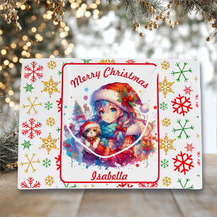 Anime Girl in Weihnachtsmannmütze Wasserfarben Wei Große Geschenktüte
