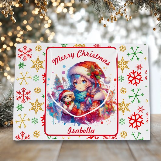 Anime Girl in Weihnachtsmannmütze Wasserfarben Wei Große Geschenktüte