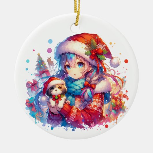 Anime Girl in Weihnachtsmannmütze Wasserfarben Wei Keramik Ornament (Vorne)
