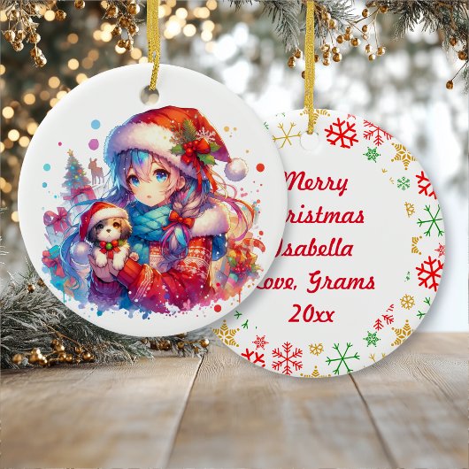 Anime Girl in Weihnachtsmannmütze Wasserfarben Wei Keramik Ornament