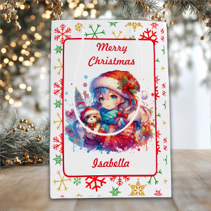 Anime Girl in Weihnachtsmannmütze Wasserfarben Wei Mittlere Geschenktüte