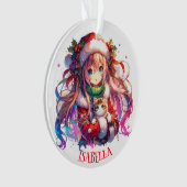 Anime Girl in Weihnachtsmannmütze Wasserfarben Wei Ornament (Vorderseite)