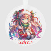 Anime Girl in Weihnachtsmannmütze Wasserfarben Wei Ornament (Vorderseite)