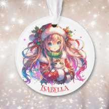 Anime Girl in Weihnachtsmannmütze Wasserfarben Wei