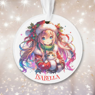 Anime Girl in Weihnachtsmannmütze Wasserfarben Wei Ornament