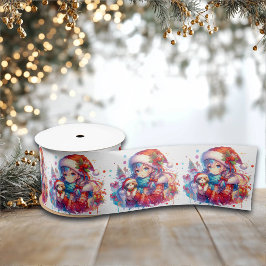 Anime Girl in Weihnachtsmannmütze Wasserfarben Wei Satinband
