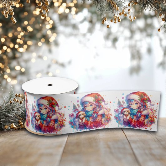 Anime Girl in Weihnachtsmannmütze Wasserfarben Wei Satinband