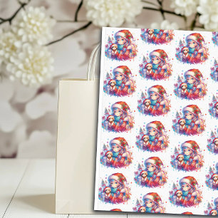 Anime Girl in Weihnachtsmannmütze Wasserfarben Wei Seidenpapier