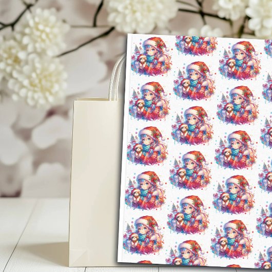 Anime Girl in Weihnachtsmannmütze Wasserfarben Wei Seidenpapier