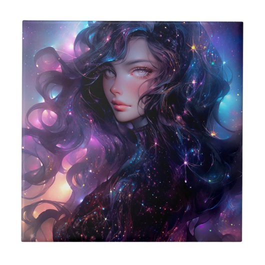 Anime Girl Made of Stars Fliese (Vorderseite)