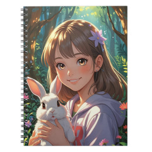 Anime Girl mit Blume Ribbon und ihrem Bunny Notizblock