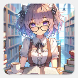 Anime Girl mit Brille an der Bibliothek Quadratischer Aufkleber