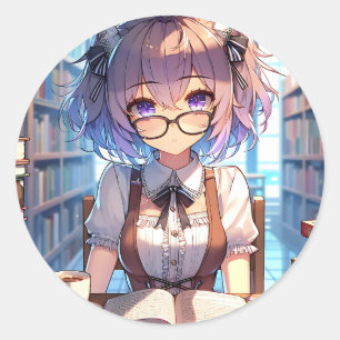 Anime Girl mit Brille an der Bibliothek Runder Aufkleber
