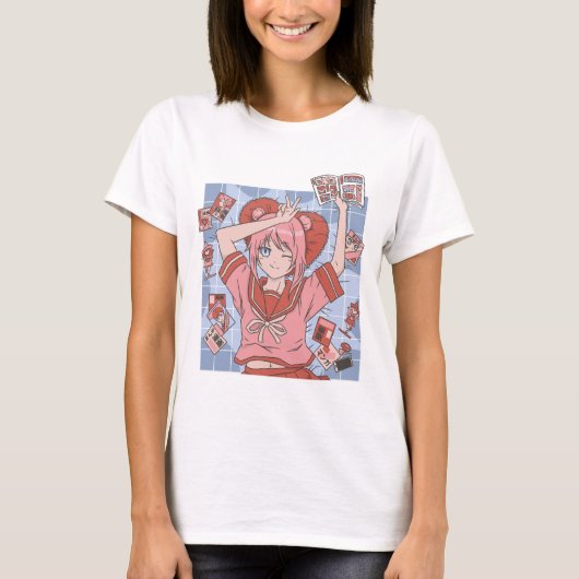 Anime Girl mit Comic-Büchern T-Shirt (Vorderseite)