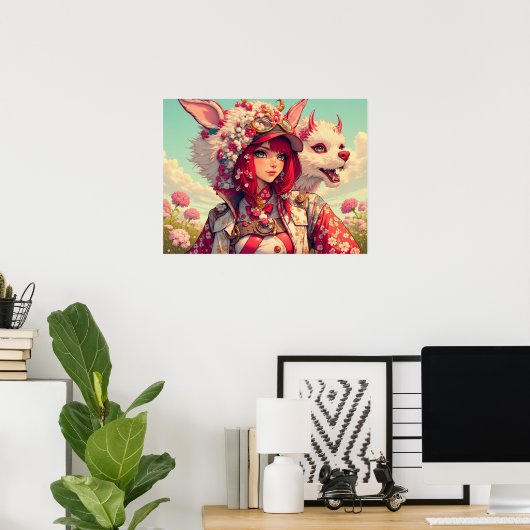 Anime Girl mit Fantasiewesen, postierend Poster (Heimbüro)