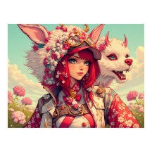 Anime Girl mit Fantasiewesen, postierend
