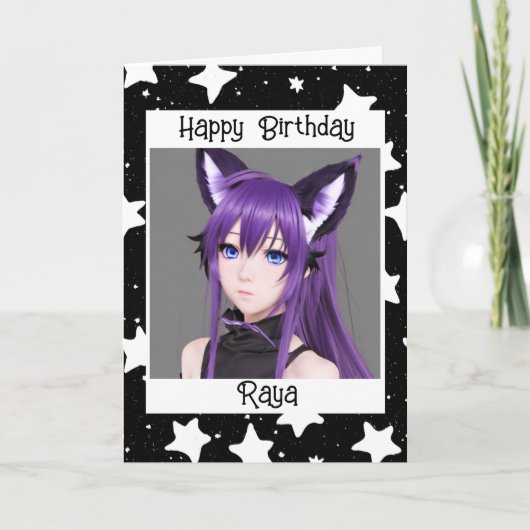Anime Girl mit Fox Ears Lila Geburtstag Karte (Vorderseite)