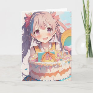 Anime Girl mit Geburtstagskuchen und Farbseiten Karte