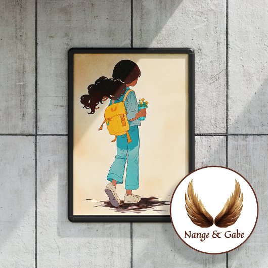 Anime Girl mit gelbem Rucksack und Blume Poster