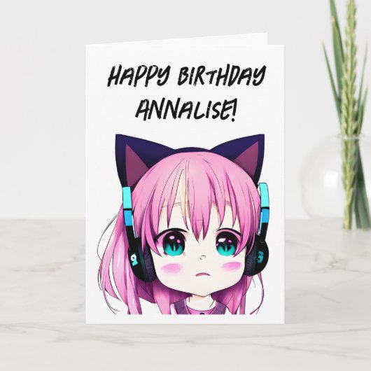 Anime Girl mit Kopfhörern und Cat Ears Geburtstag Karte (Vorderseite)