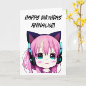 Anime Girl mit Kopfhörern und Cat Ears Geburtstag Karte (Gelbe Blume)