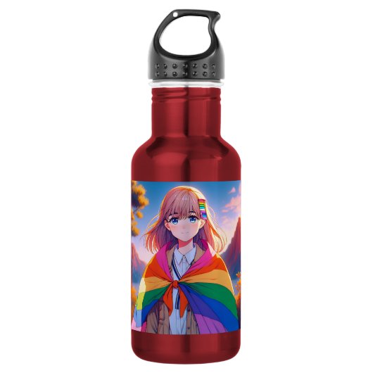 Anime Girl mit LGBTQIA+ Cape Edelstahlflasche (Vorderseite)