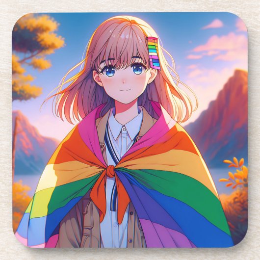 Anime Girl mit LGBTQIA+ Cape Getränkeuntersetzer (Vorderseite)