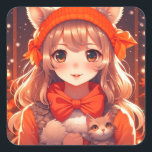 Anime Girl mit Orange Kitten Christmas Quadratischer Aufkleber<br><div class="desc">Niedliches animiertes Mädchen mit orangefarbenem Kätzchen mit Weihnachtsbeleuchtung Hintergrund Winteraufkleber.</div>
