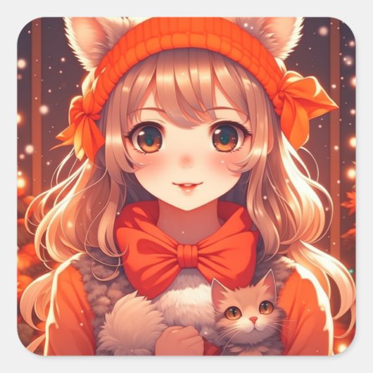 Anime Girl mit Orange Kitten Christmas Quadratischer Aufkleber (Vorderseite)
