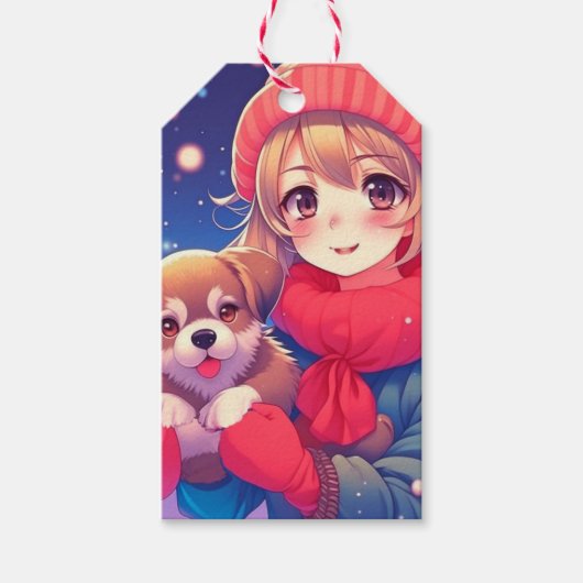 Anime Girl mit Puppy Christmas Geschenkanhänger (Vorderseite)