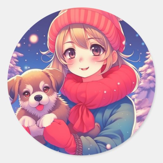 Anime Girl mit Puppy Christmas Runder Aufkleber (Vorderseite)