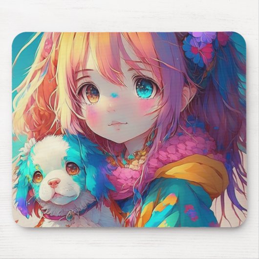 Anime Girl mit Welpe Mousepad (Vorne)