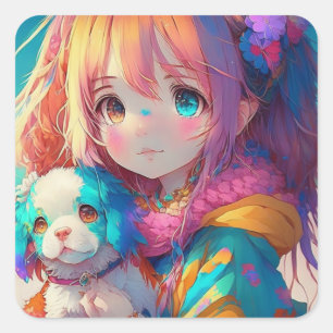 Anime Girl mit Welpe Quadratischer Aufkleber