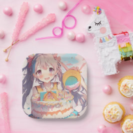 Anime Girl mit Whimsical Birthday Pappteller
