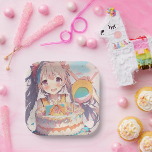 Anime Girl mit Whimsical Birthday Pappteller
