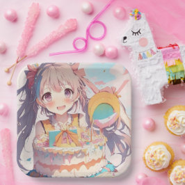 Anime Girl mit Whimsical Birthday Pappteller