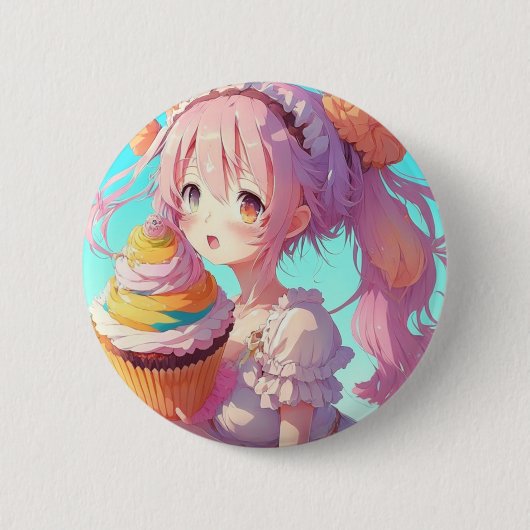 Anime Girl mit Whimsical Cupcake Button (Vorderseite)