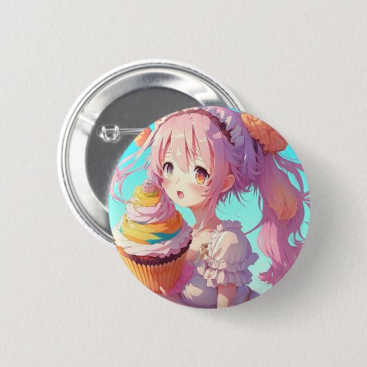 Anime Girl mit Whimsical Cupcake Button (Vorne & Hinten)