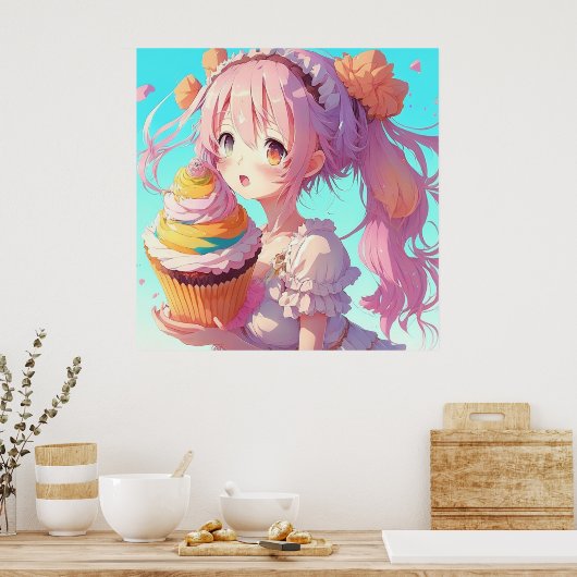Anime Girl mit Whimsical Cupcake Poster (Küche)