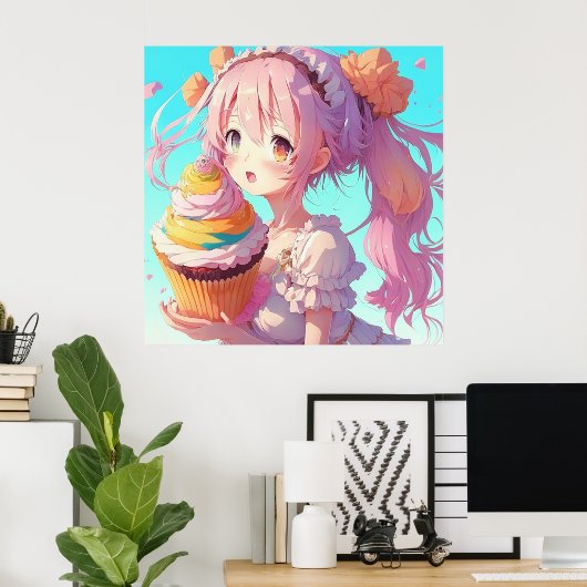 Anime Girl mit Whimsical Cupcake Poster (Heimbüro)