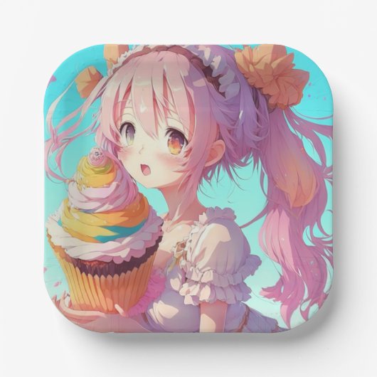 Anime Girl mit Whimsical Cupcake zum Geburtstag Pappteller (Vorderseite)
