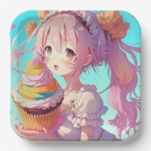 Anime Girl mit Whimsical Cupcake zum Geburtstag Pappteller