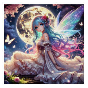 Anime Girl Moon Fairy Princess in Garden Poster