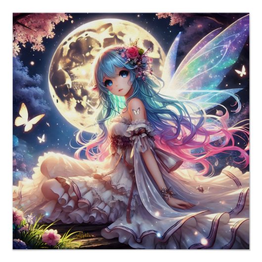 Anime Girl Moon Fairy Princess in Garden Poster (Vorderseite)