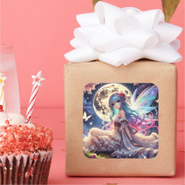 Anime Girl Moon Fairy Princess in Garden Quadratischer Aufkleber